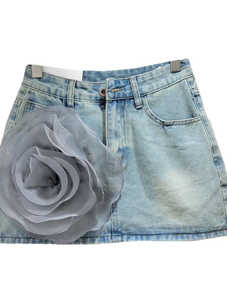 3D Flower Floral Denim Skirt