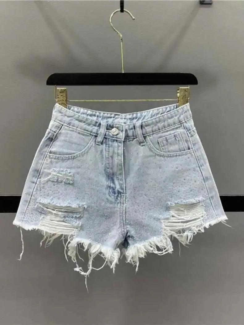 High Waist Diamond Denim Shorts