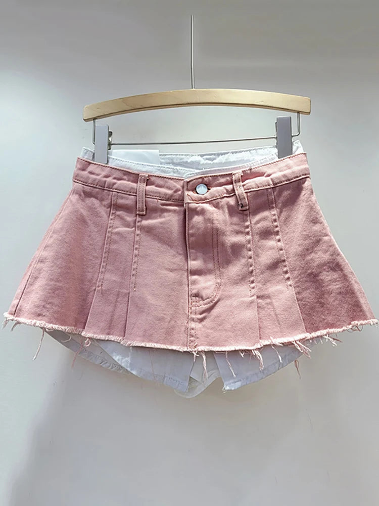 Denim Skirt High Waist Pleated Patchwork Contrast Color