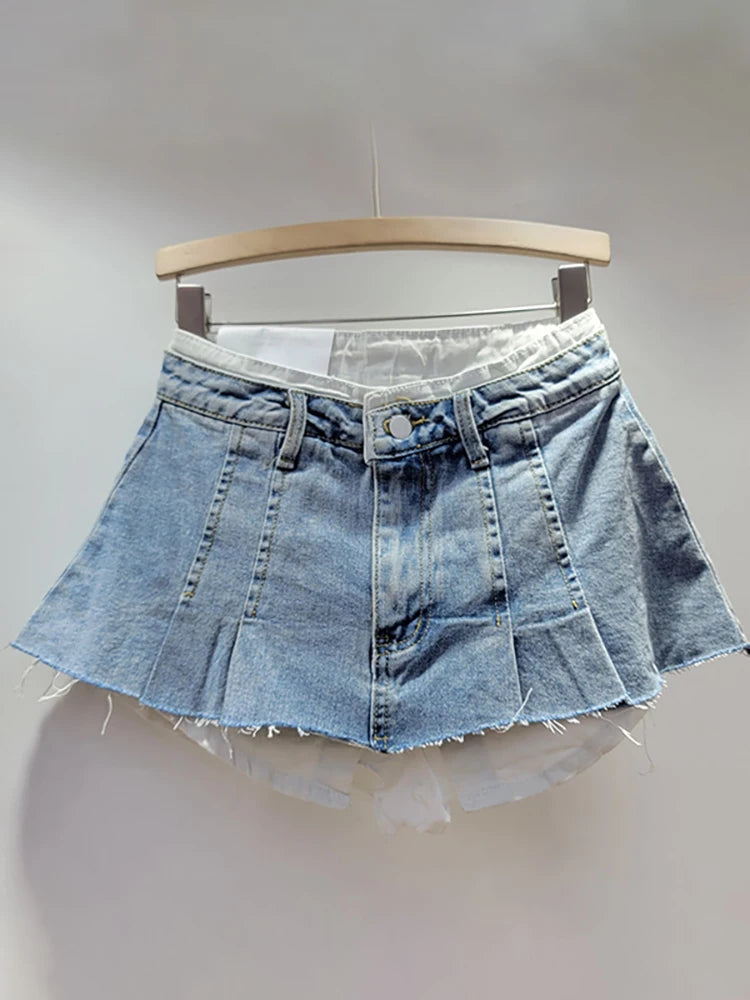 Denim Skirt High Waist Pleated Patchwork Contrast Color