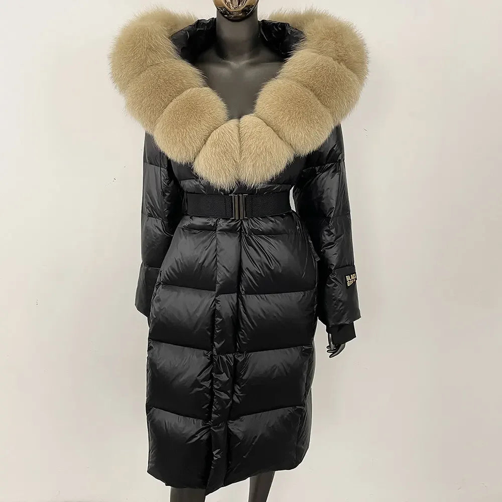 long coat with fox fur hood and belted waist