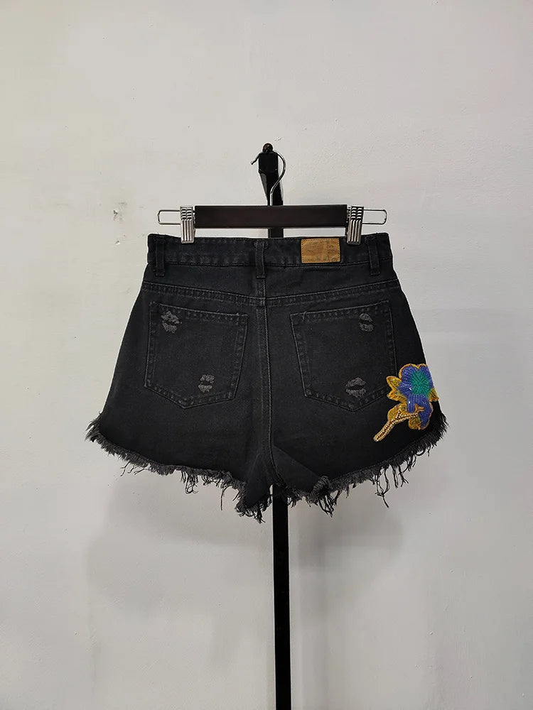 Embroidery Patch Raw Denim Shorts