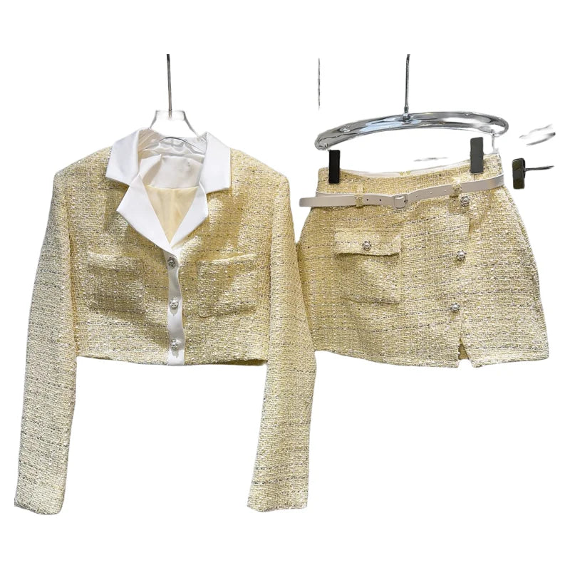 Yellow Tweed Short Jacket Skirt Two Piece Set