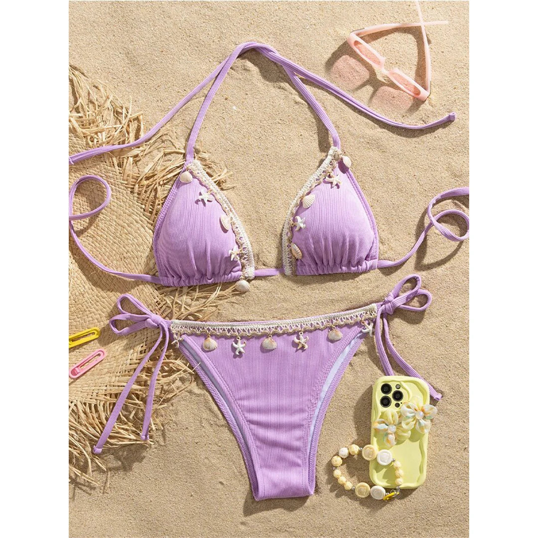 Ribbed Halter Strappy seashell Bikini