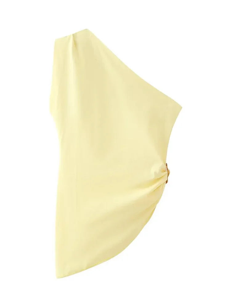 Yellow Pleated Bandage Asymmetrical Tops