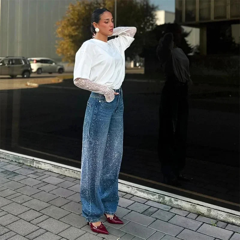 Rhinestone Wide Leg Lady Jeans