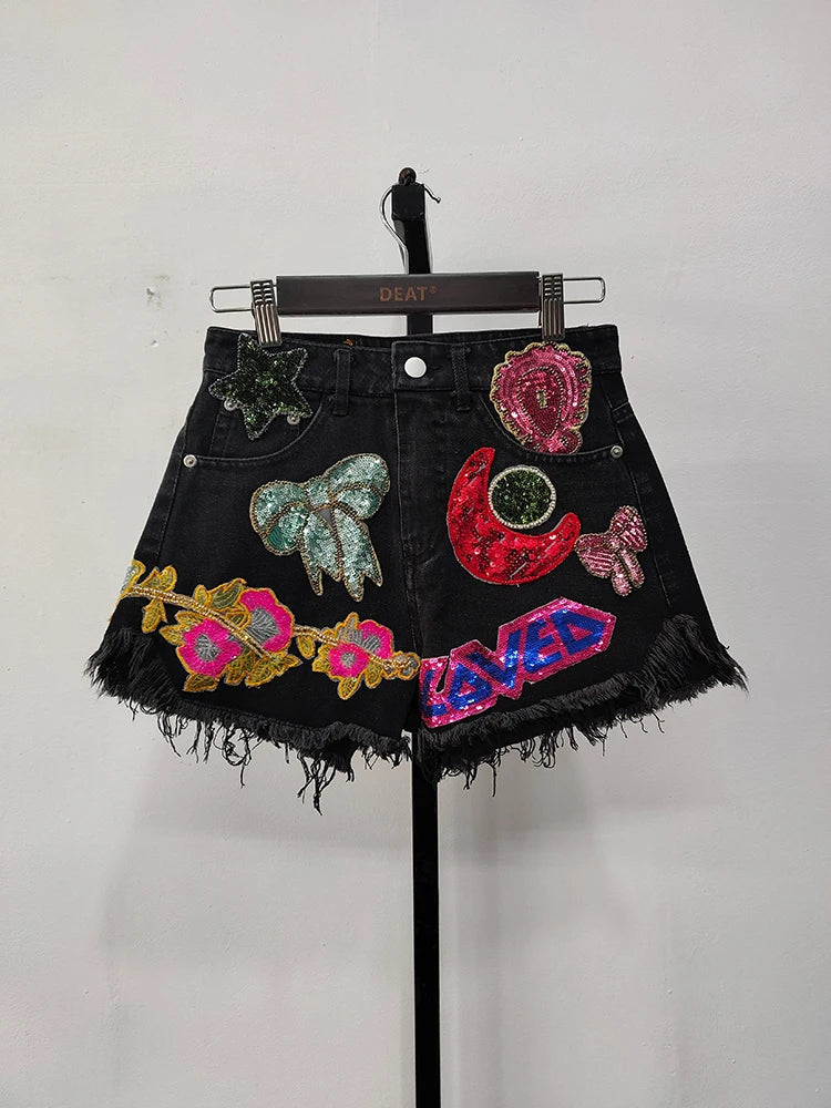 Embroidery Patch Raw Denim Shorts