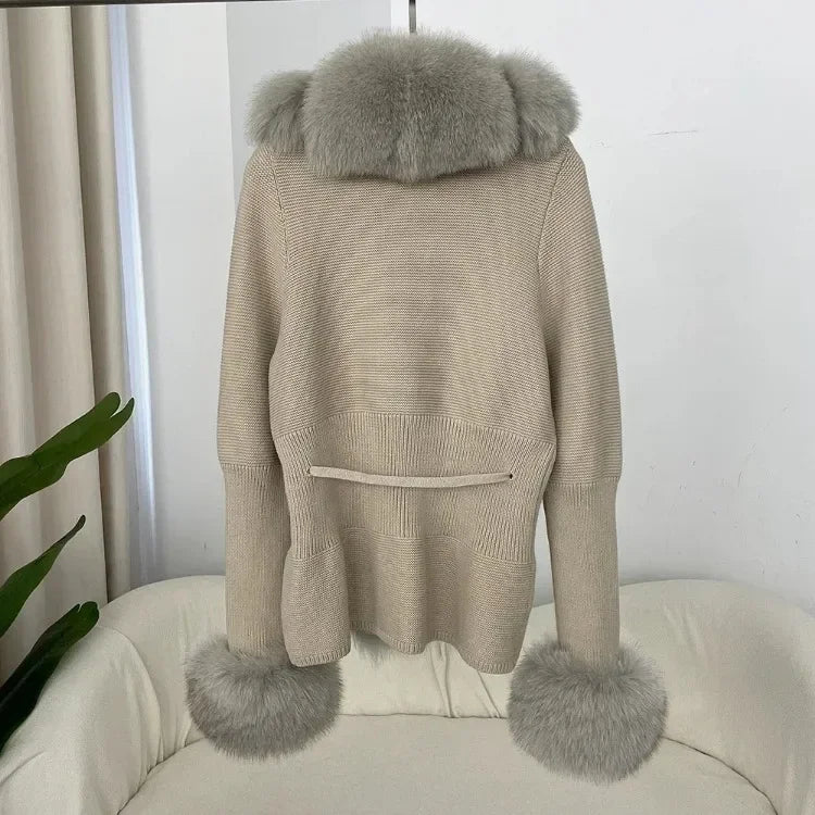 Real fox Fur Cardigan Detachable Collar