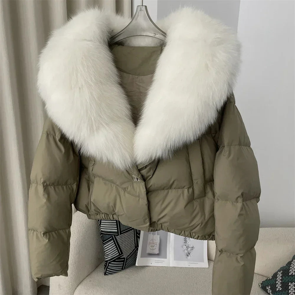 cropped duck down winter coat with real fox fur