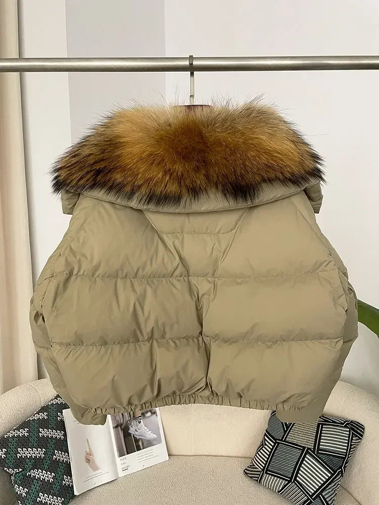 cropped duck down winter coat with real fox fur