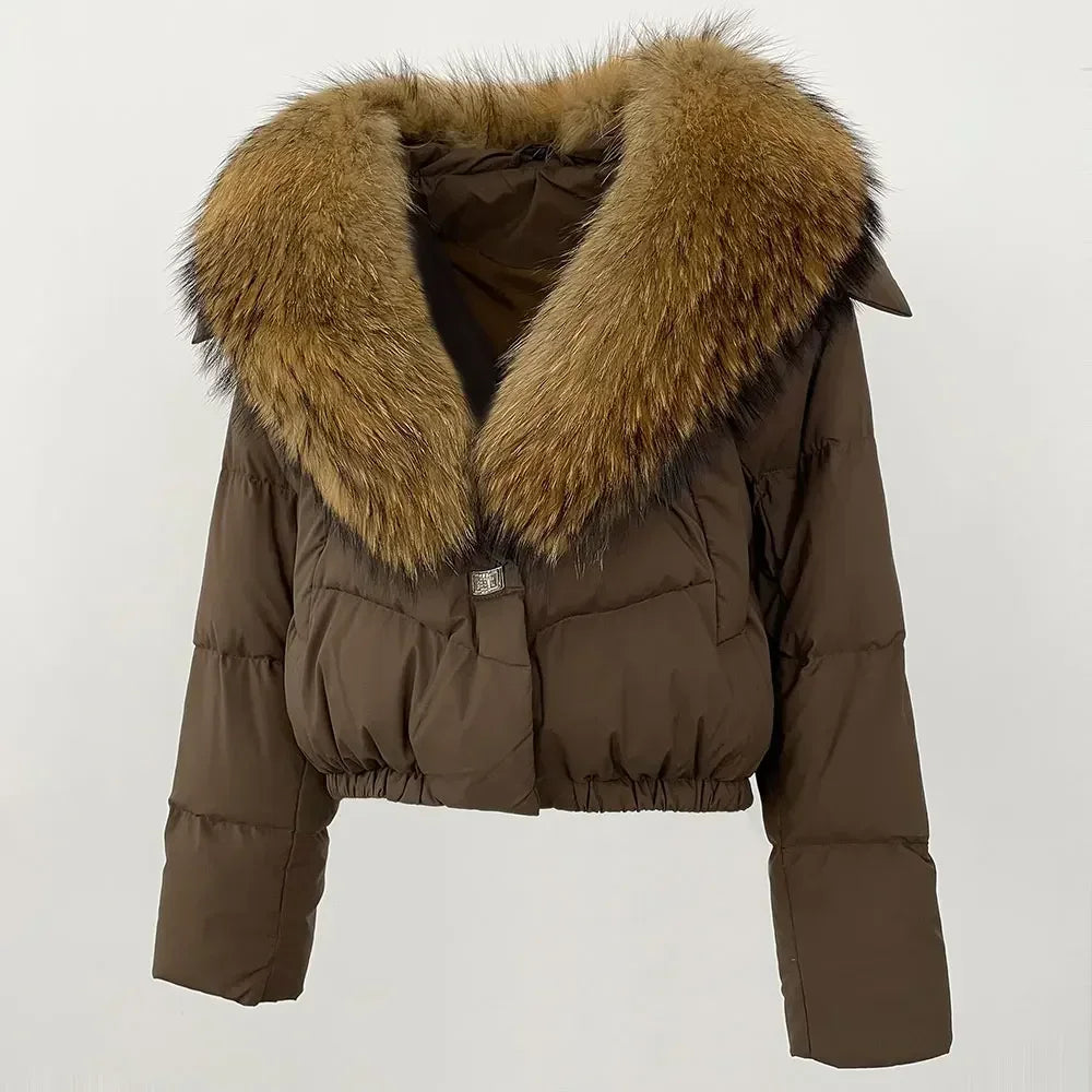 cropped duck down winter coat with real fox fur