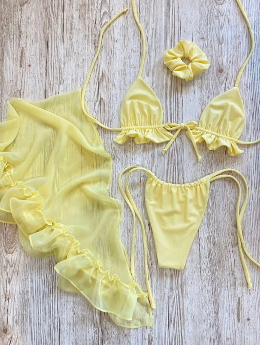 3 Pieces Bikini Set With Mesh Sarong