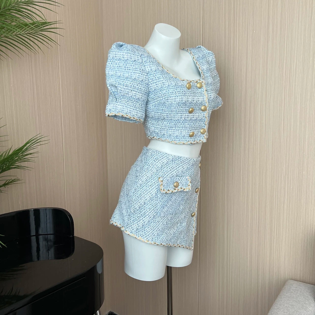 Blue Tweed Sets Women Outfits Puff Sleeve