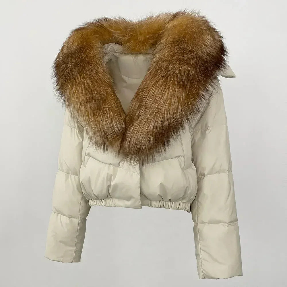 cropped duck down winter coat with real fox fur