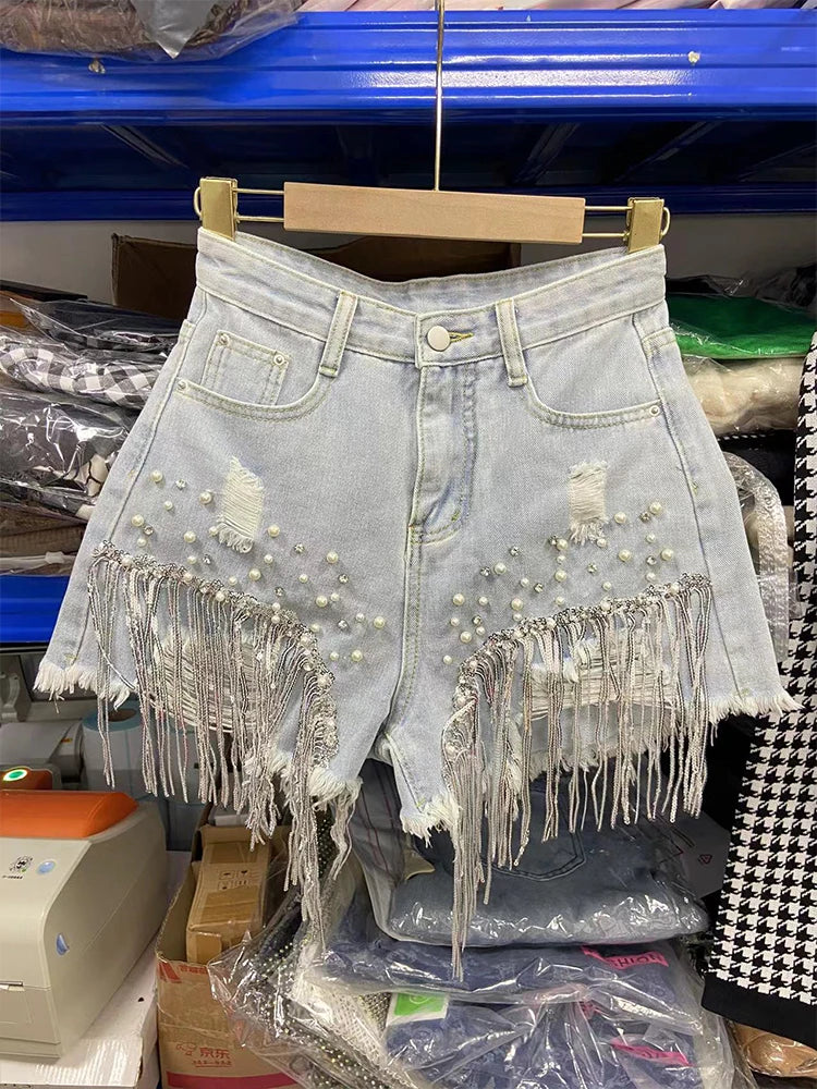 Denim Shorts Elegant Lady Tassel Beading