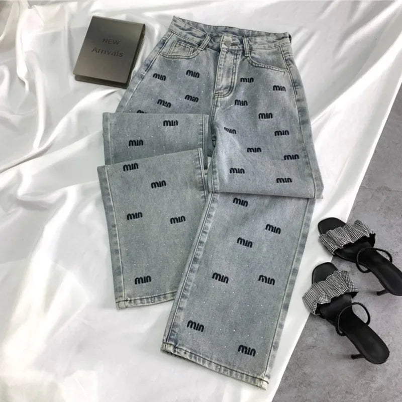 Narrow Letter Hot Diamond High Waisted Denim Straight Leg