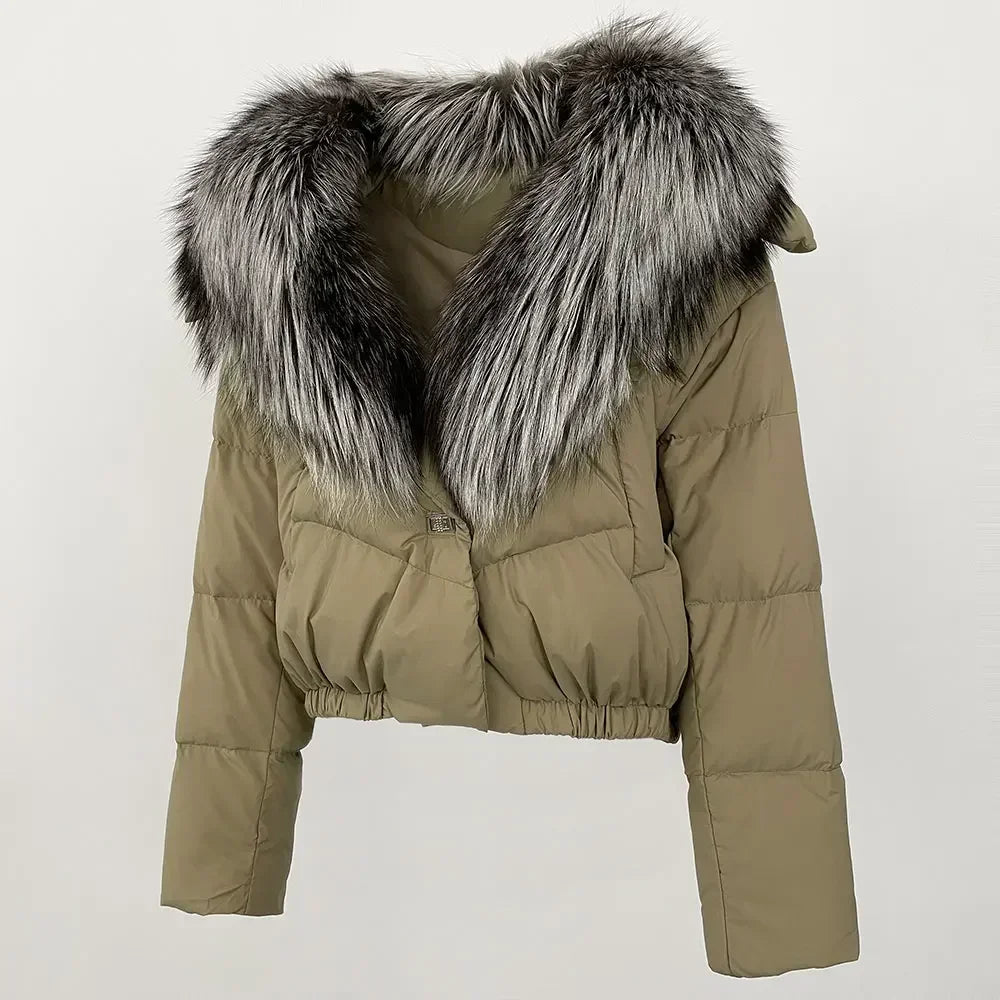 cropped duck down winter coat with real fox fur