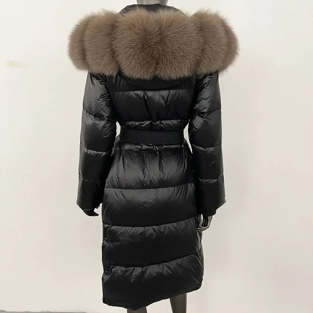 long coat with fox fur hood and belted waist