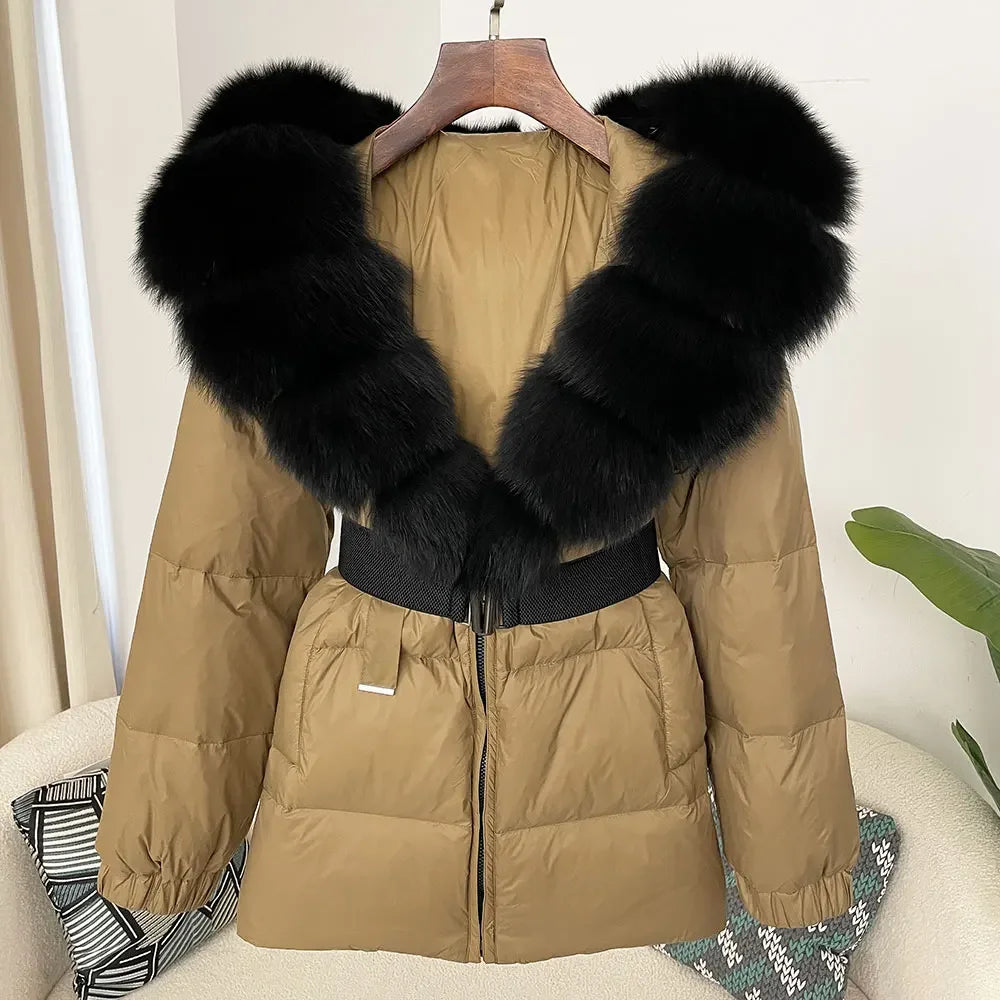 medium length woman coat duck down real fox and racoon fur