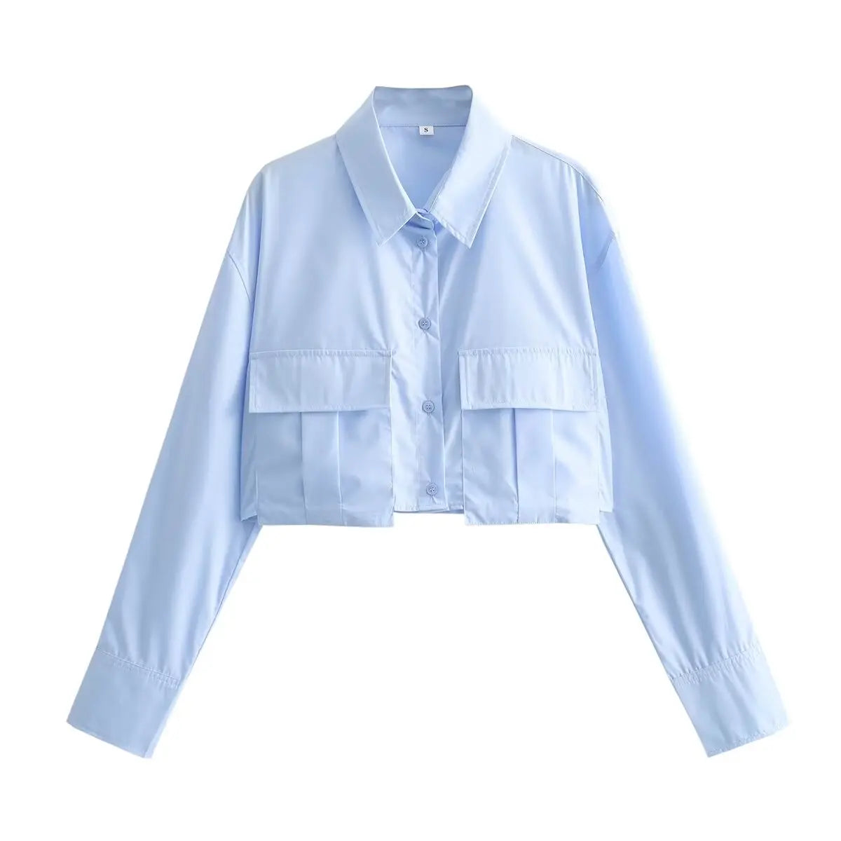 Women Solid White&blue Blouse Long Sleeve With Pocket