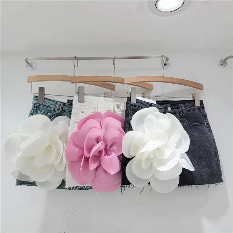 3D flower mini denim skirt