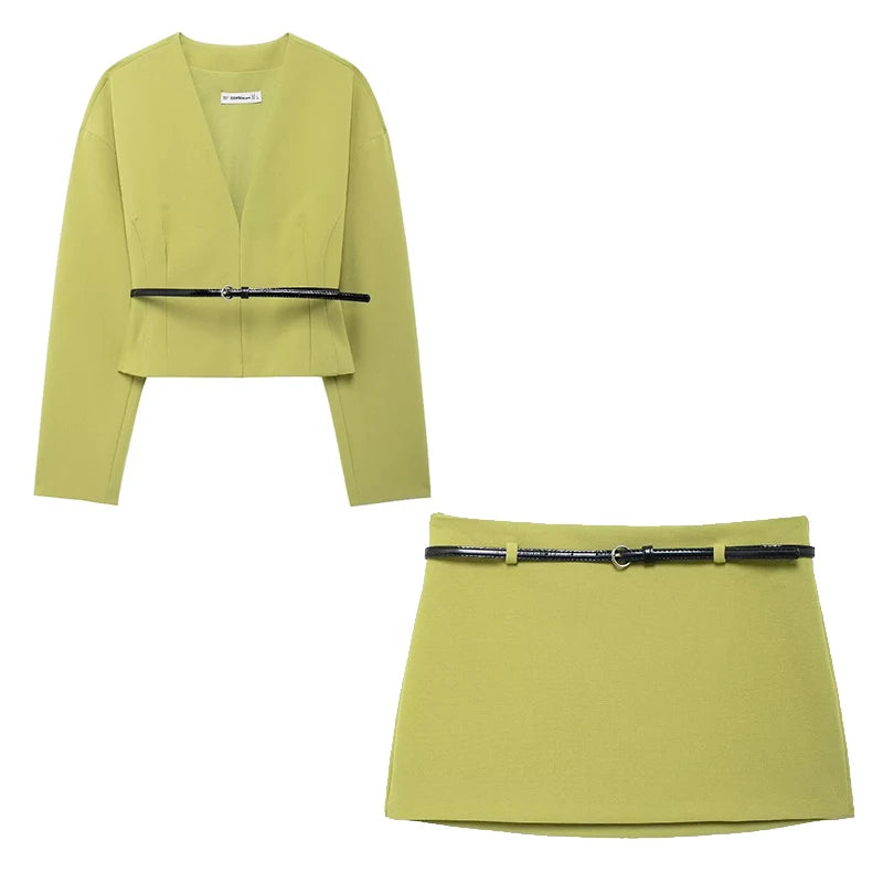 Women 2 Piece Set With Belt Green Shirts & Vintage High Waist Side Zipper Mini Skirt