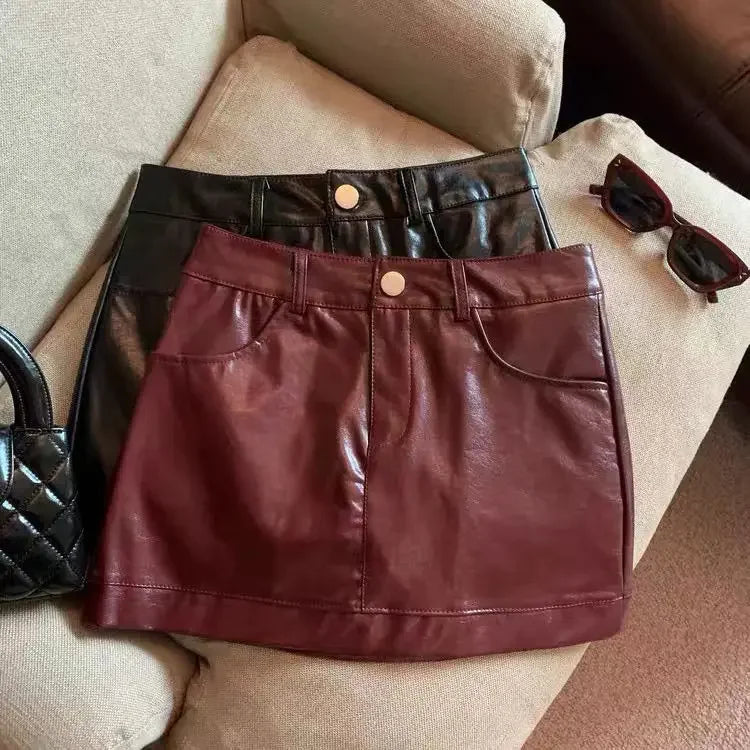 Black and wine red leather skirt