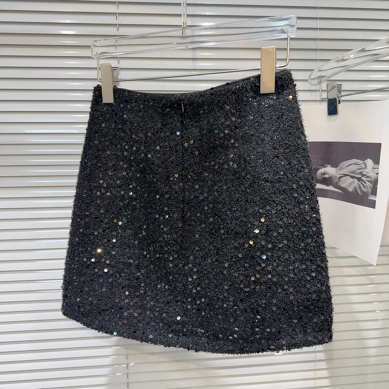 Metal Buttons Pockets Sequins Tweed Skirt