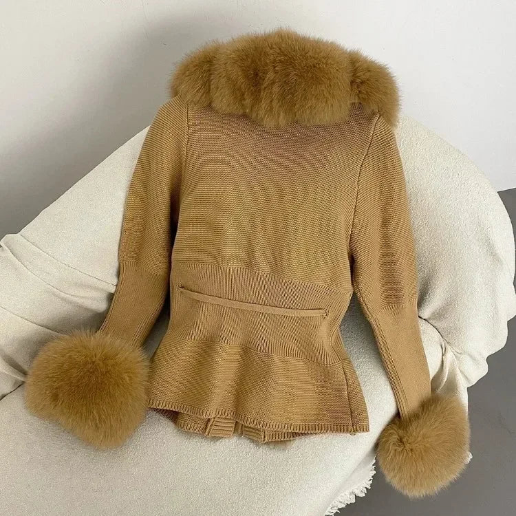 Real fox Fur Cardigan Detachable Collar