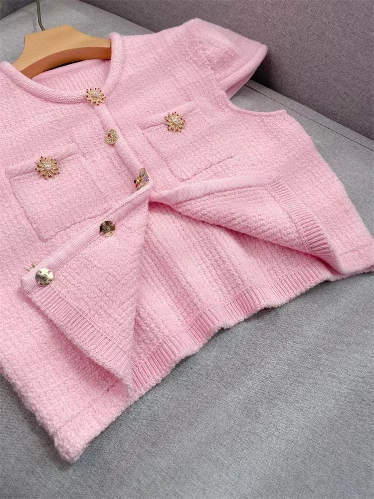 Pink Knitted Set Women Elegant Short Sleeve