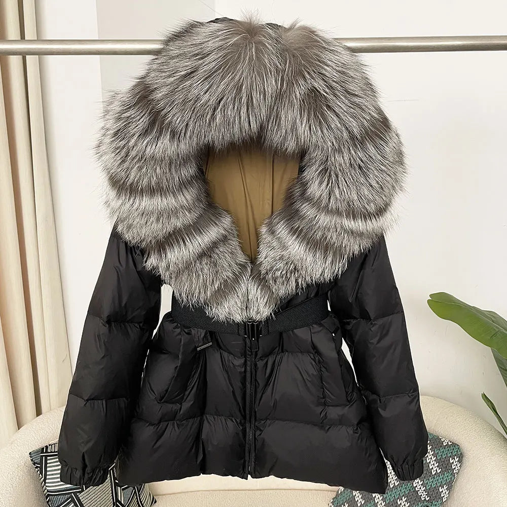 medium length woman coat duck down real fox and racoon fur