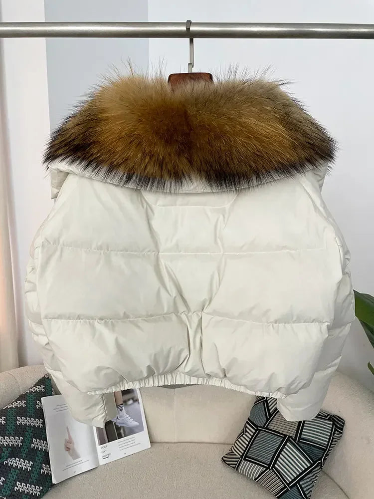 cropped duck down winter coat with real fox fur