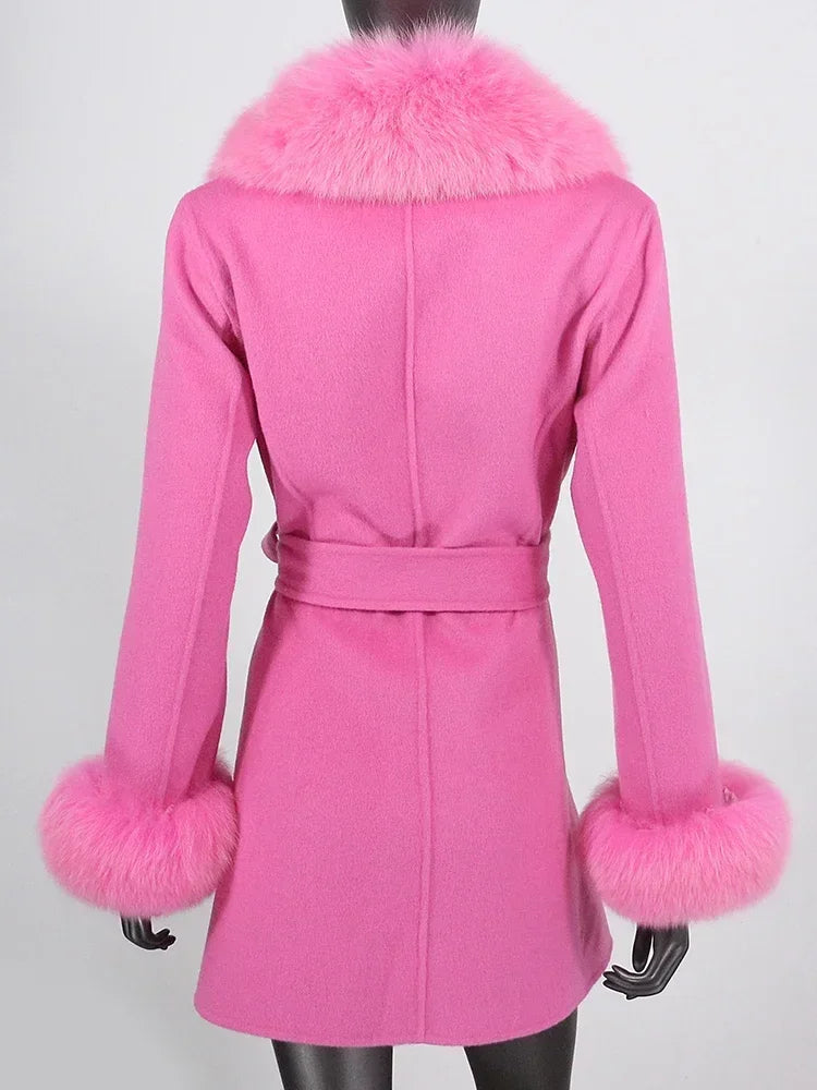 Long Winter Jacket Women Cuffs Belt Cashmere Real Fur Coat Natural Fox Fur Collar