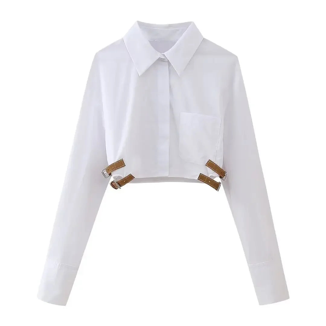 Unique Belted White Lapel Cropped Shirt