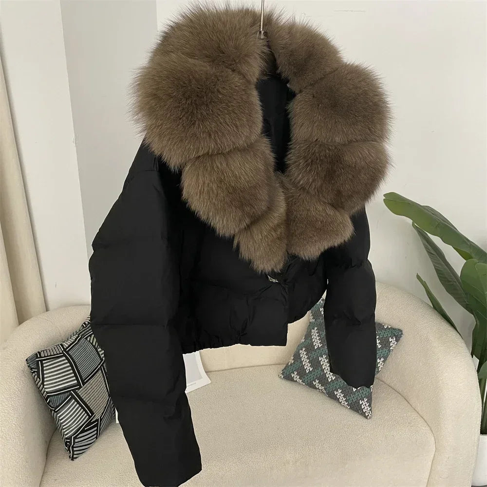 cropped duck down winter coat with real fox fur