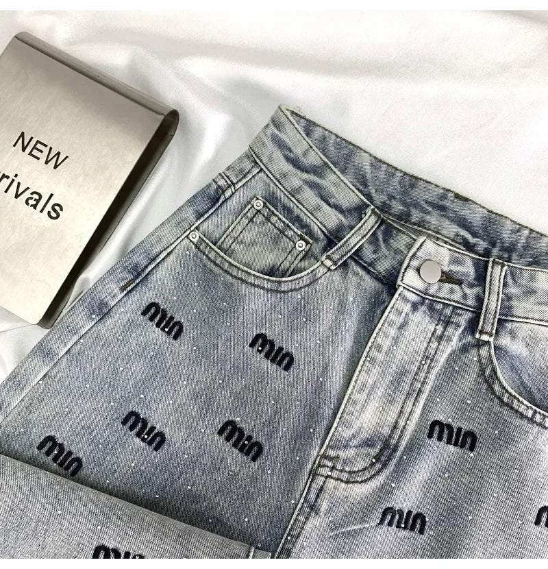 Narrow Letter Hot Diamond High Waisted Denim Straight Leg