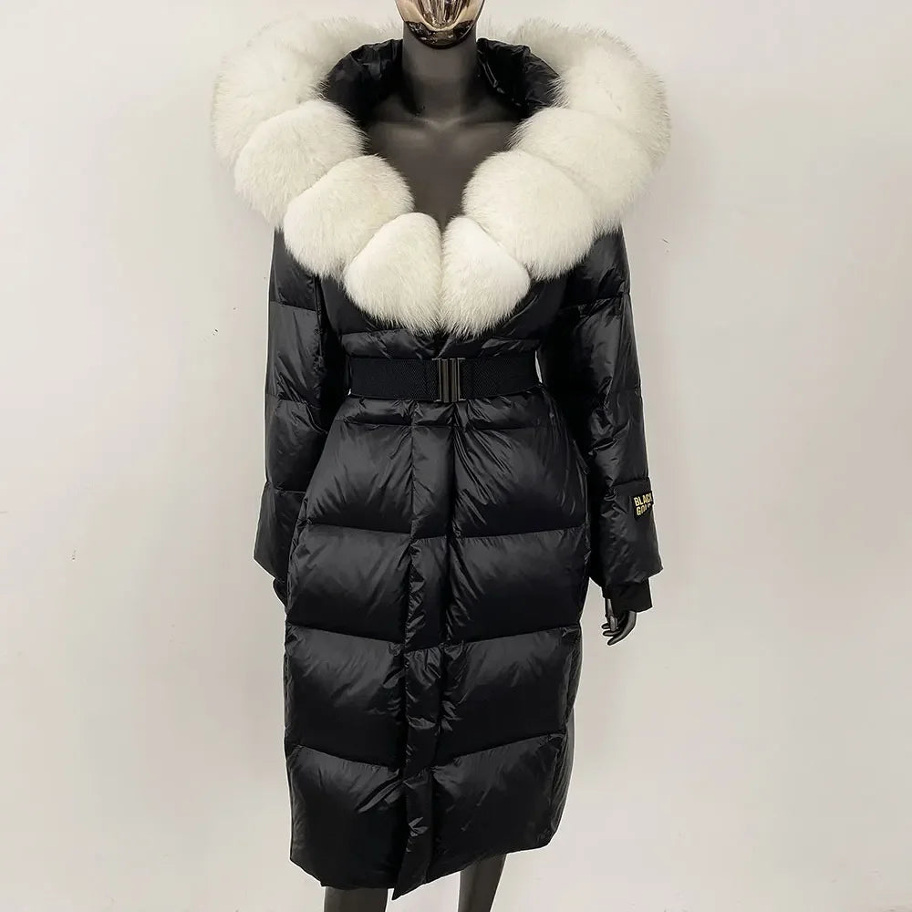 long coat with fox fur hood and belted waist