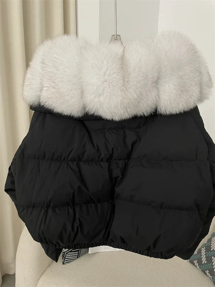 cropped duck down winter coat with real fox fur