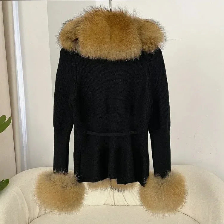 Real fox Fur Cardigan Detachable Collar