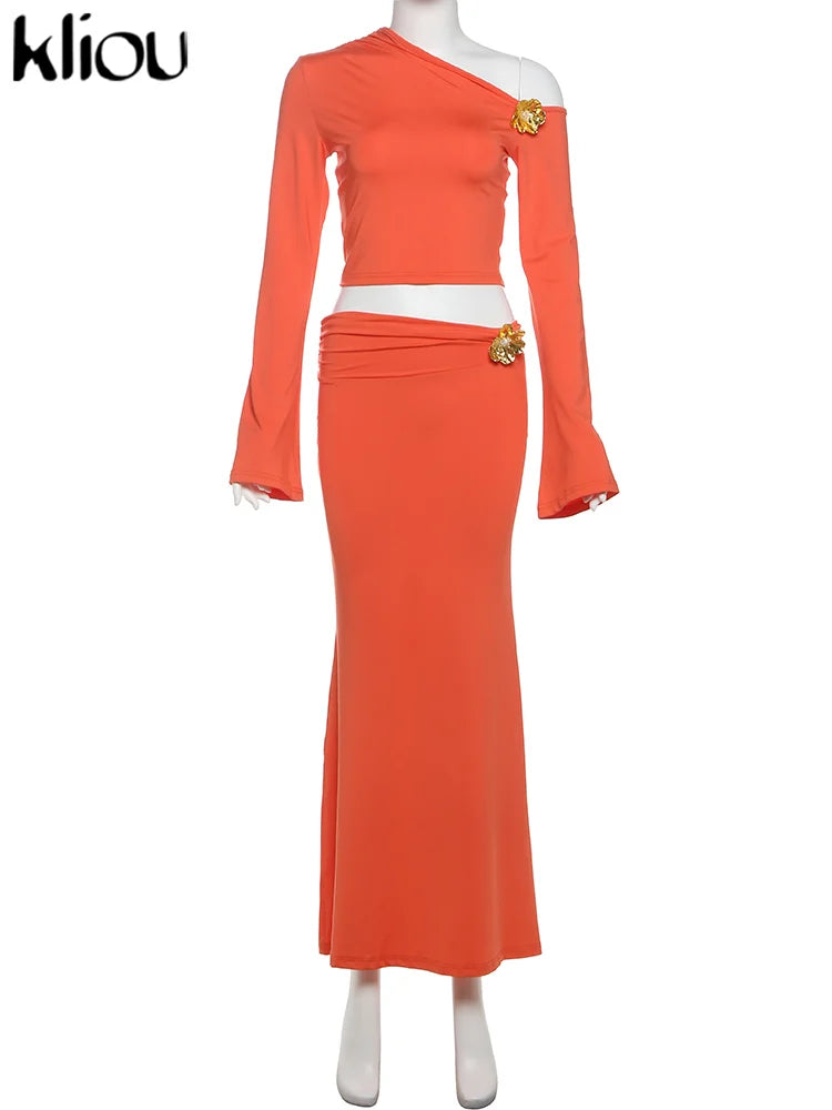 Slim Crop Tees+Matching Maxi Skirts Elegant Co ord