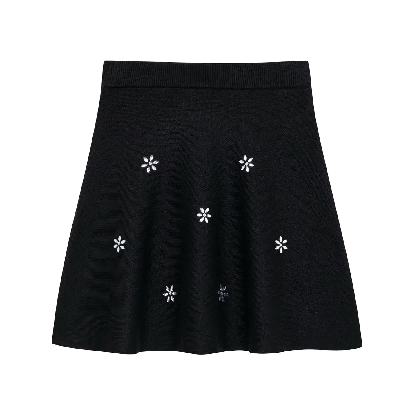 Knitted Rhinestone Mini Skirts Set Women 2 Pieces Short Sleeve