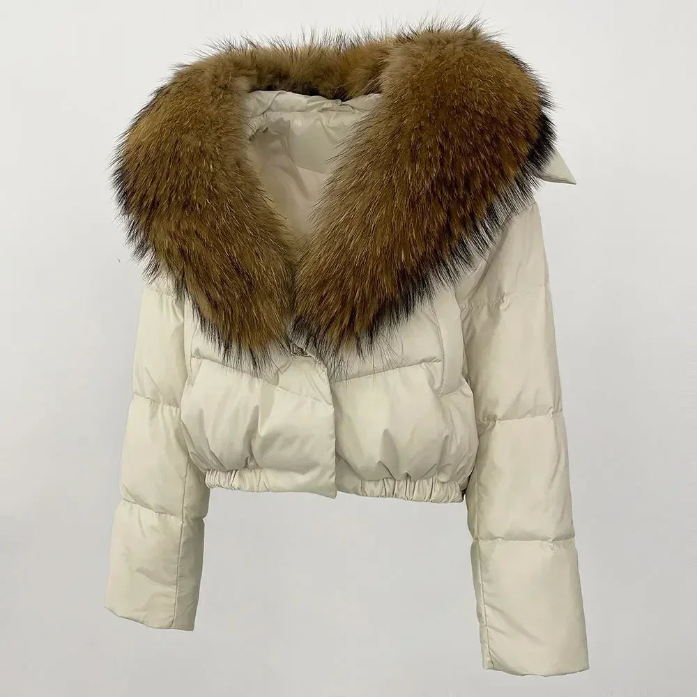 cropped duck down winter coat with real fox fur