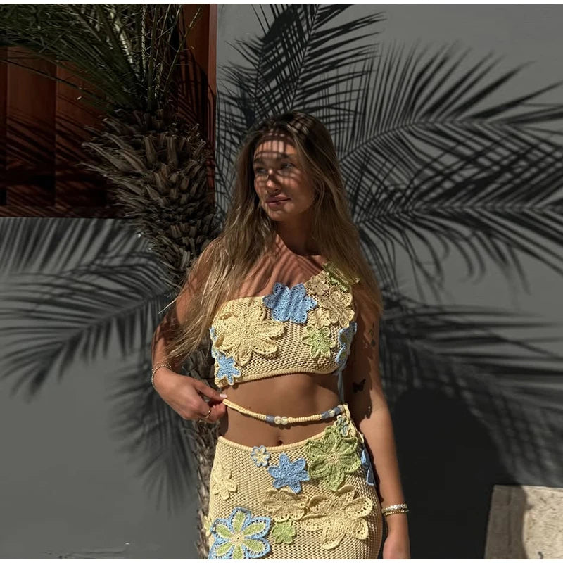 Flower crochet maxi skirt, vest top and bikini top