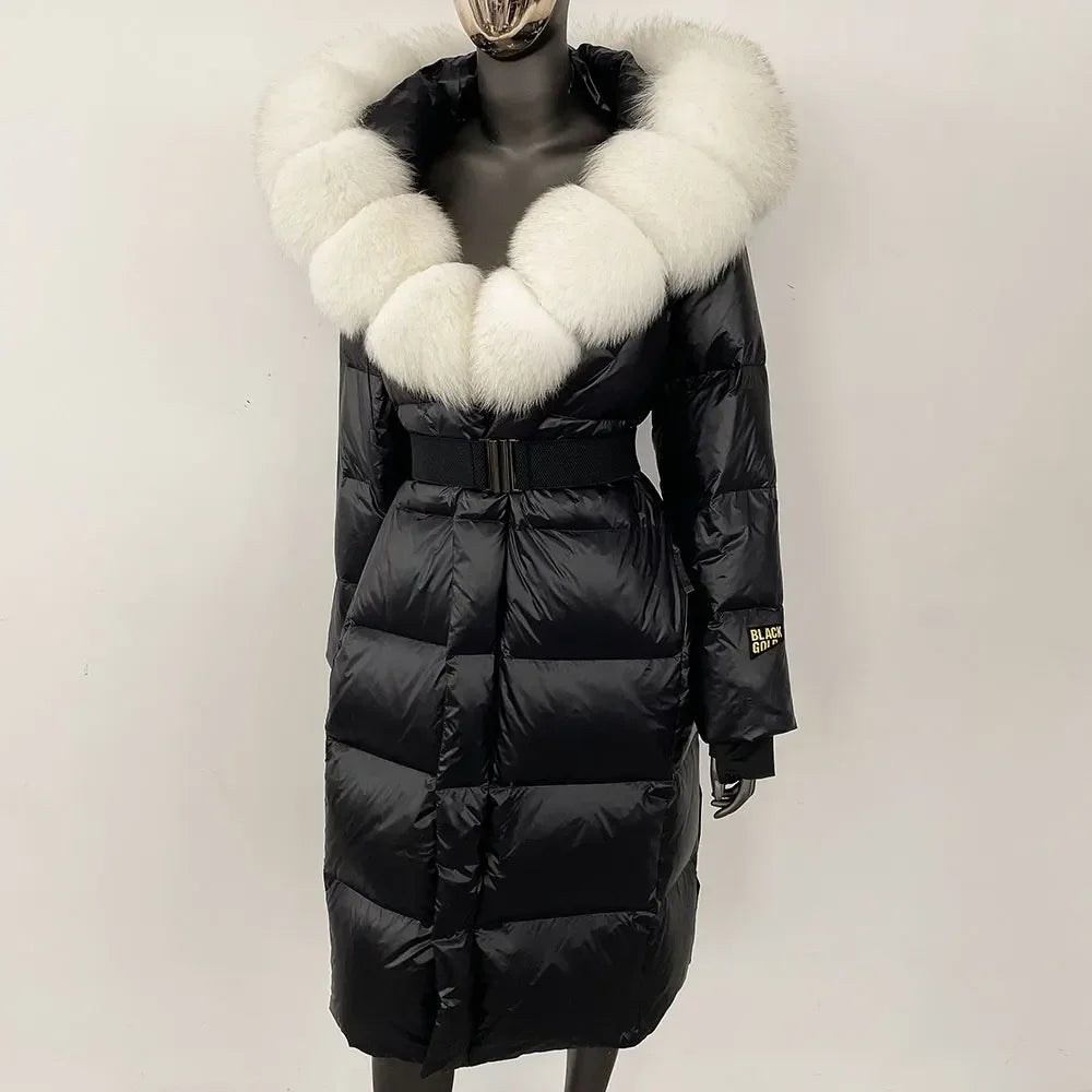 long coat with fox fur hood and belted waist