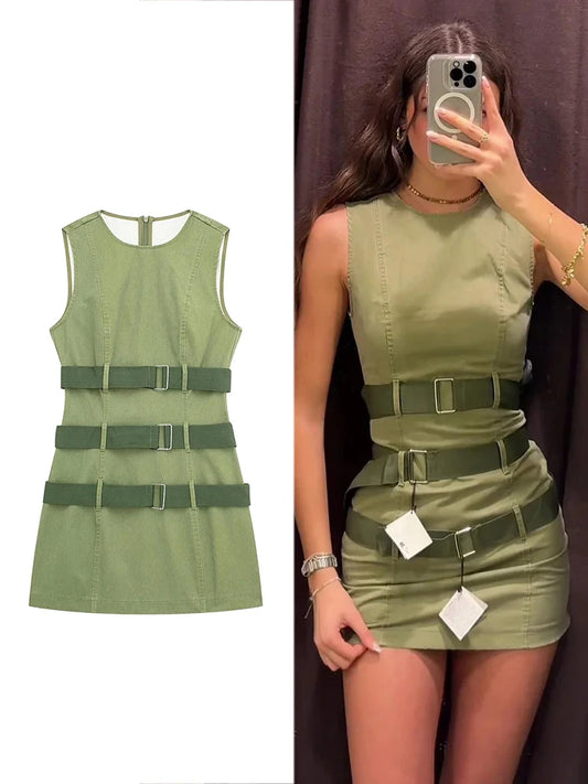 Army Green Vest Wide Belt Dress