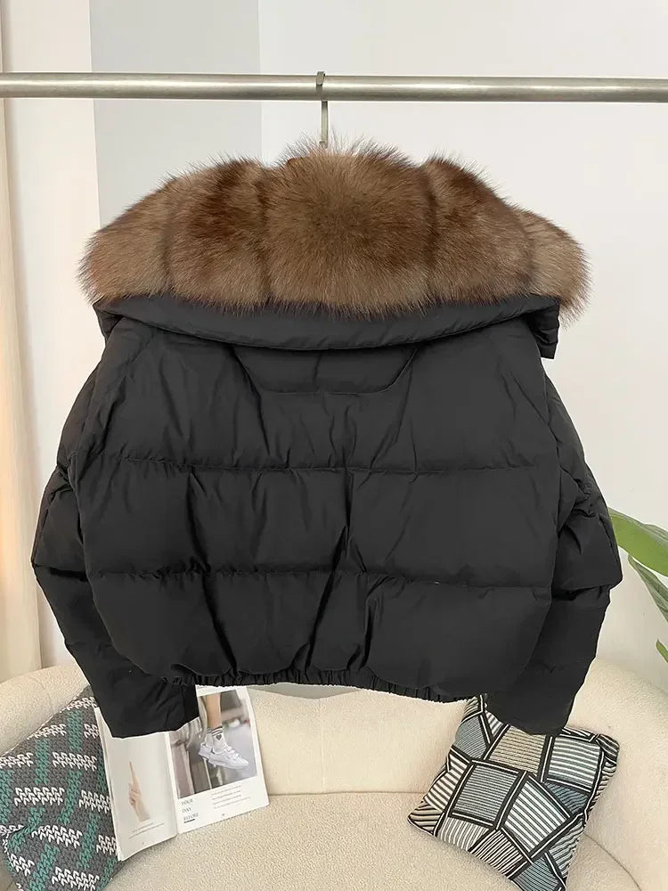 cropped duck down winter coat with real fox fur