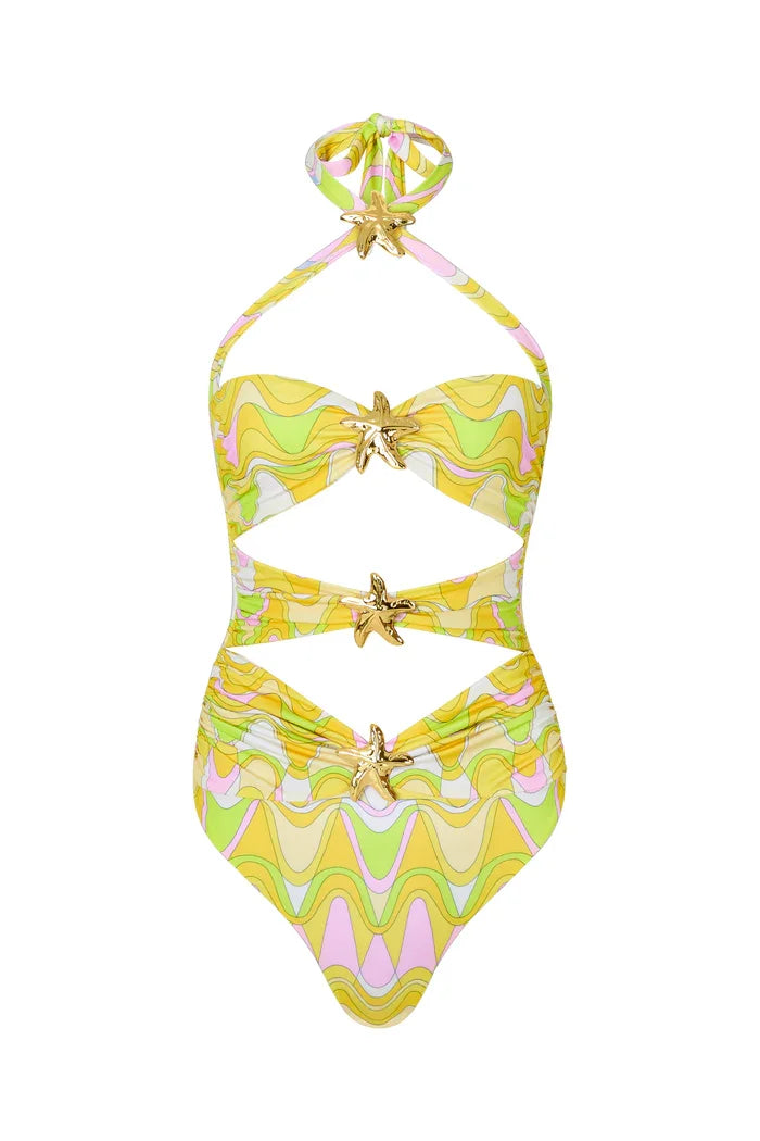 cut out star fish swimsuit with matching sarong and cover up