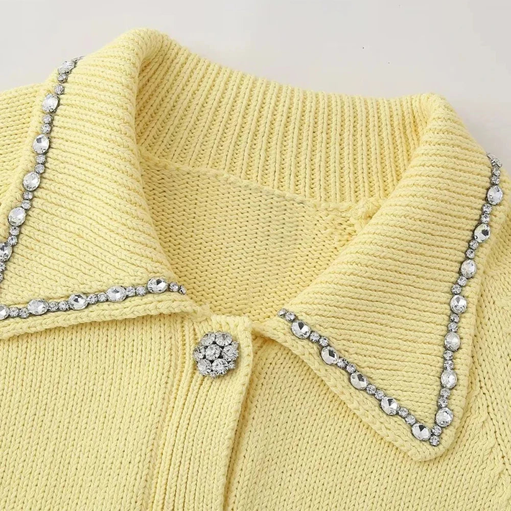 Knitted Cardigans for Women Sweater Yellow Diamonds Long Sleeve