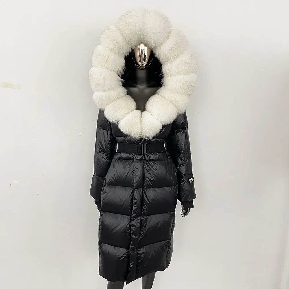 long coat with fox fur hood and belted waist