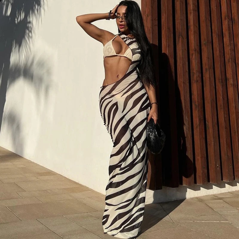 Zebra Long Beach Dress Cover-Up Transparent Mesh